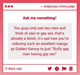 sniperyaoi's tweet image. So true, its so awful how the gays ruined such a HETEROSEXUAL and CHRISTIAN manga like Golden Kamuy that in no way sexualizes its male characters AT ALL and has no gay shit in it WHATSOEVER