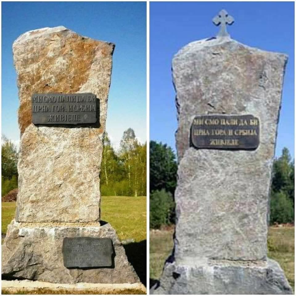izmisljena_'s tweet photo. Spomenik junacima Mojkovačke bitke prije i poslije dorade Srpskog nacionalnog savjeta 2015. godine. Osveštao Joanikije. https://t.co/sPsHyrINyp