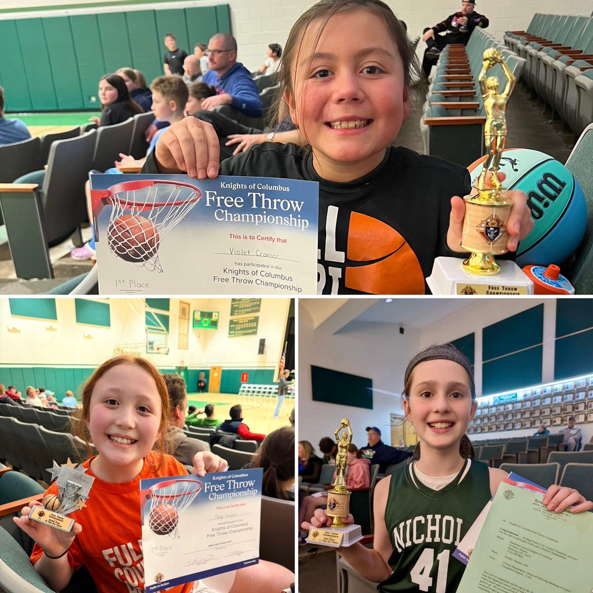full_courthoops's tweet image. Champs!  Congrats to our youth players who competed in the @KofC Free Throw Challenge.  Finn - 1st place 11 year old group, Paige - 2nd place 10 y/o group, and Violet 1st place 9 y/o group!  #fchskills