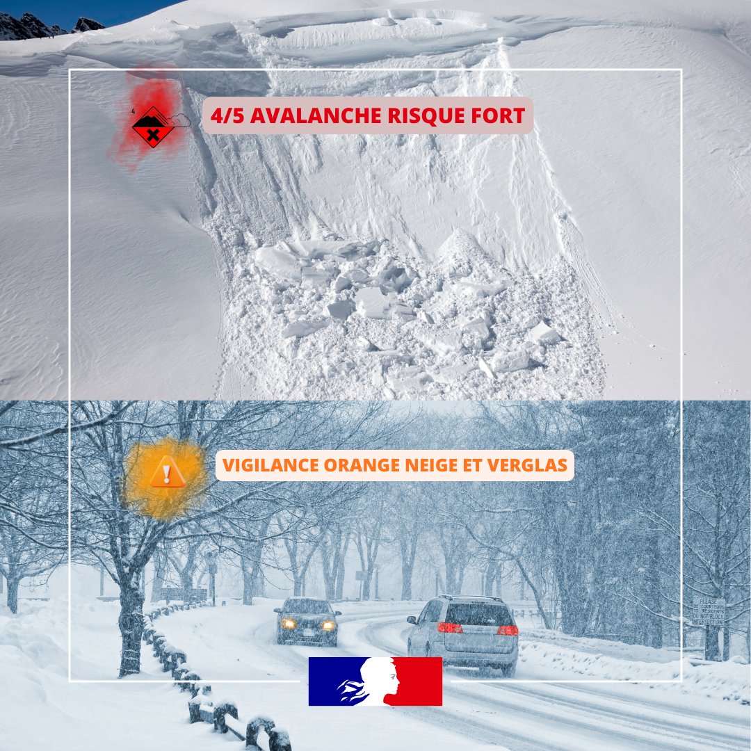 Image de Préfet des Hautes-Alpes - ⚠️Vigilance orange neige-verglas➡️Jusqu’à demain 10h
🌨️Neige forte cette nuit
💨Vent + congères ➡️c