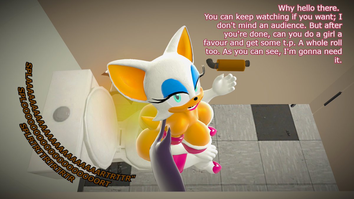 You hear Rouge having the runs in the bathroom and try to spy on her. Despite catching you, she's alright with it and even asks you a favor.