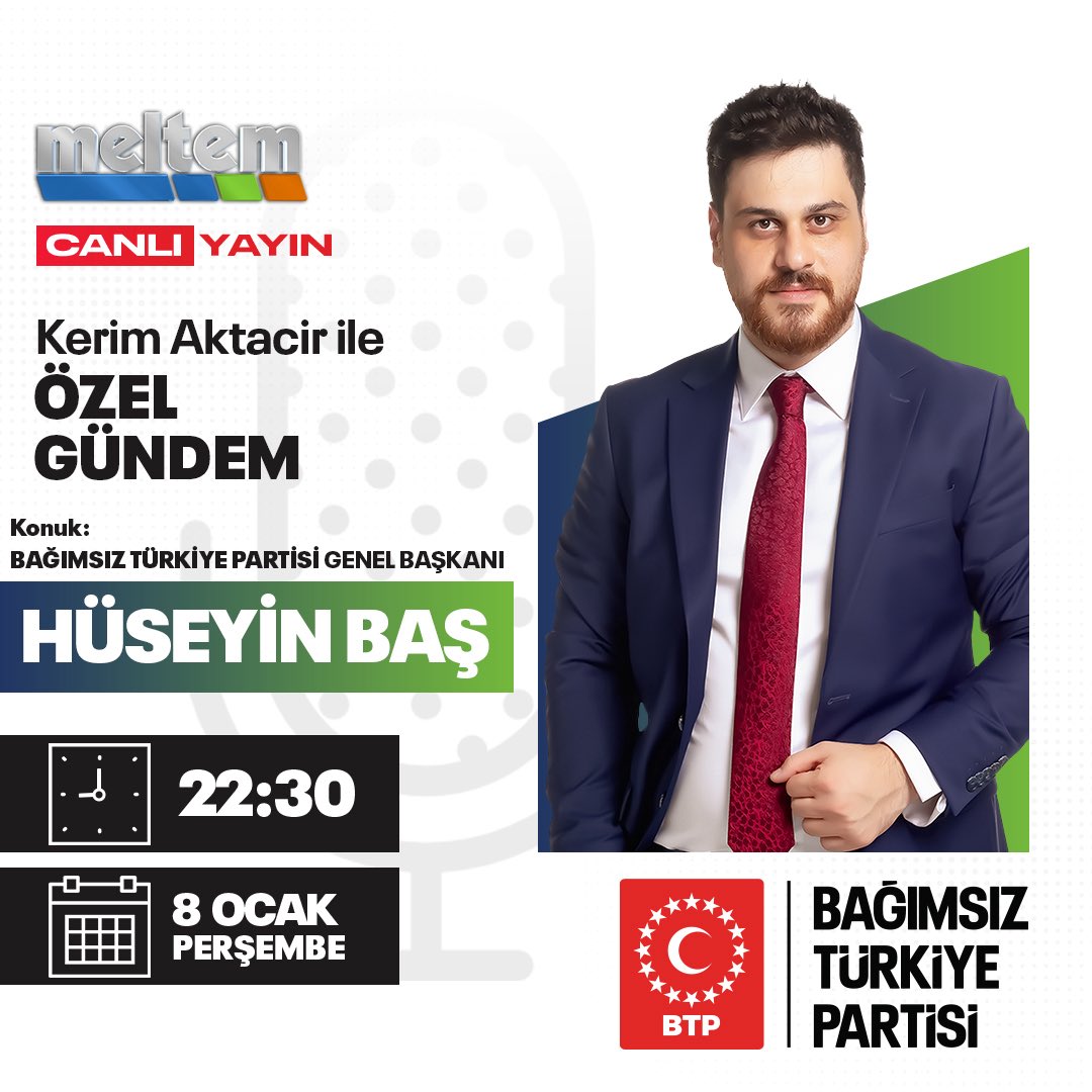 Genel Başkanımız Hüseyin Baş bugün saat 22.30’da Meltem TV’de Özel Gündem programının canlı yayın konuğu olacaktır. 
<a href="/huseyinbas_BTP/">Hüseyin Baş</a> <a href="/tvmeltem/">Meltem TV</a>