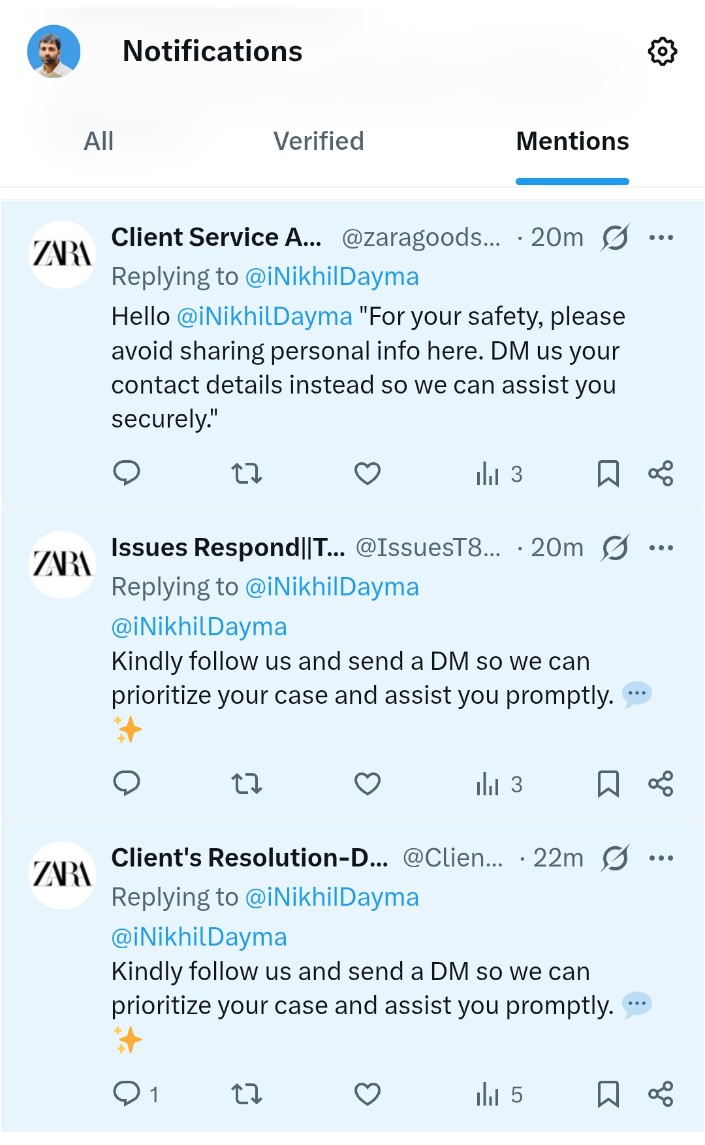 iNikhilDayma's tweet image. @ZARA what's this ? Do you have this much customer support team ? Or are all they fake or scam !