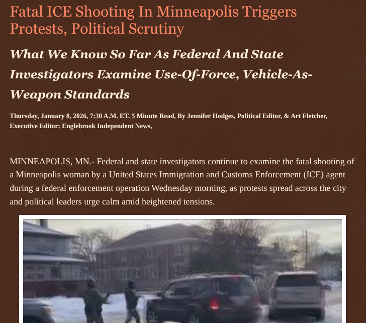 ArtFletcher9's tweet photo. Fatal ICE Shooting In Minneapolis Triggers Protests, Political Scrutiny https://t.co/uxf3Tb17Ub via @Englebrooknews #Minnesota #minneapolismn #ICE #fatal #shooting #woman #killed #attempting #runningdown #ice #agent @wireless_step @HRG_Media @LodiNJNews @fordmb1 @SarahGeving1 @Shannon96574094 @Daytobehappy @janninereid1 @gator4kb18 @MichelleF_35 @TrumpWasRite2 @KathyKbrose @RobGerundo @JimBobW49 @GovTimWalz @MayorFrey