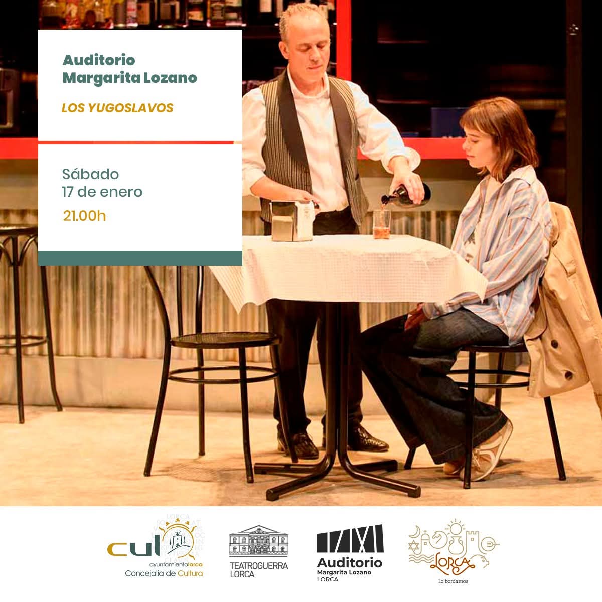 🎭 LOS YUGOSLAVOS
📍 Auditorio Margarita Lozano
📅 Sábado 17 de enero | 🕘 21:00 h

Una obra de Juan Mayorga sobre la identidad, la memoria y los lugares que ya no existen, pero siguen viviendo en las palabras. 

🎟️ Entradas: auditoriomargaritalozano.es/evento/los-yug… y taquillas del Teatro Guerra