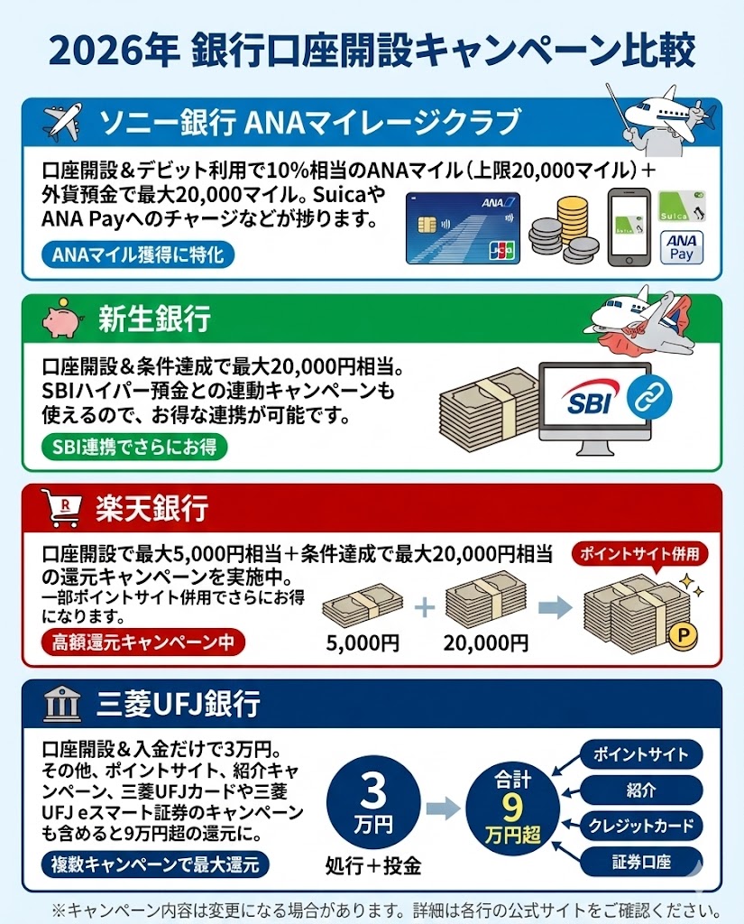 2026年 銀行口座開設キャンペーン
上手に活用してお得しましょう。お子様や家族の口座開設にもぜひ。

🔶ソニー銀行 ANAマイレージクラブ
口座開設＆デビット利用で10％相当のANAマイル（上限20000）＋外貨預金で最大20000マイル。
SuicaやANA Payへのチャージなどが捗ります👇