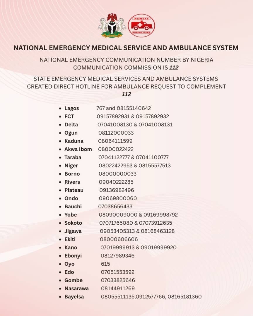 aproko_doctor's tweet image. Here are the different ambulance numbers for states across Nigeria. Save this picture now and share on your WhatsApp. 

You might save a life.