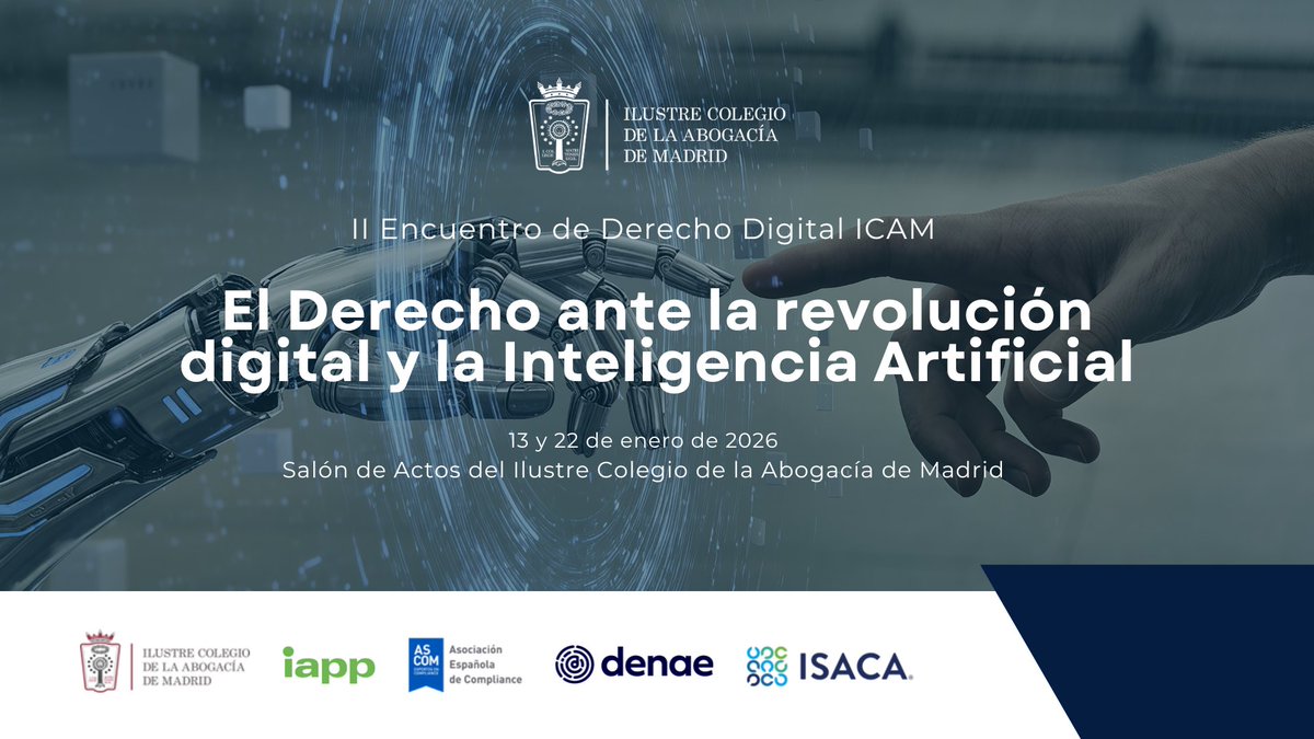 El 13 y 22 de enero el <a href="/icam_es/">Ilustre Colegio de la Abogacía de Madrid</a> acogerá el II Encuentro de Derecho Digital, organizado por la #SecciónTIC del ICAM con la colaboración de <a href="/the_iapp/">IAPP</a>, <a href="/ascomGRC/">ascomGRC</a>, <a href="/asociaciondenae/">Asociación DENAE</a> e <a href="/ISACANews/">ISACA Global</a> web.icam.es/inscripciones-… #learning #sharing #innovating