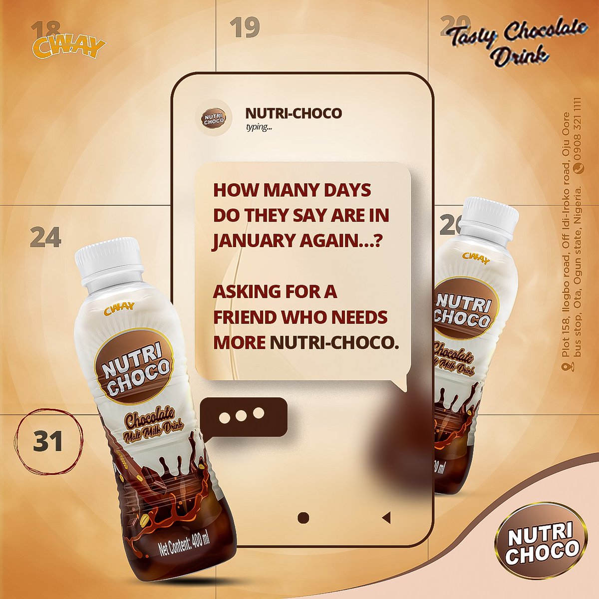 nutri_choco's tweet photo. Chocoholics! 😍🍫 Quick question…

How many days do they say January has again? 🤨 We are asking for a friend who clearly needs more Nutri-Choco. 

#NutriChoco #TastyChocolateDrink https://t.co/Z51BeC0iTo