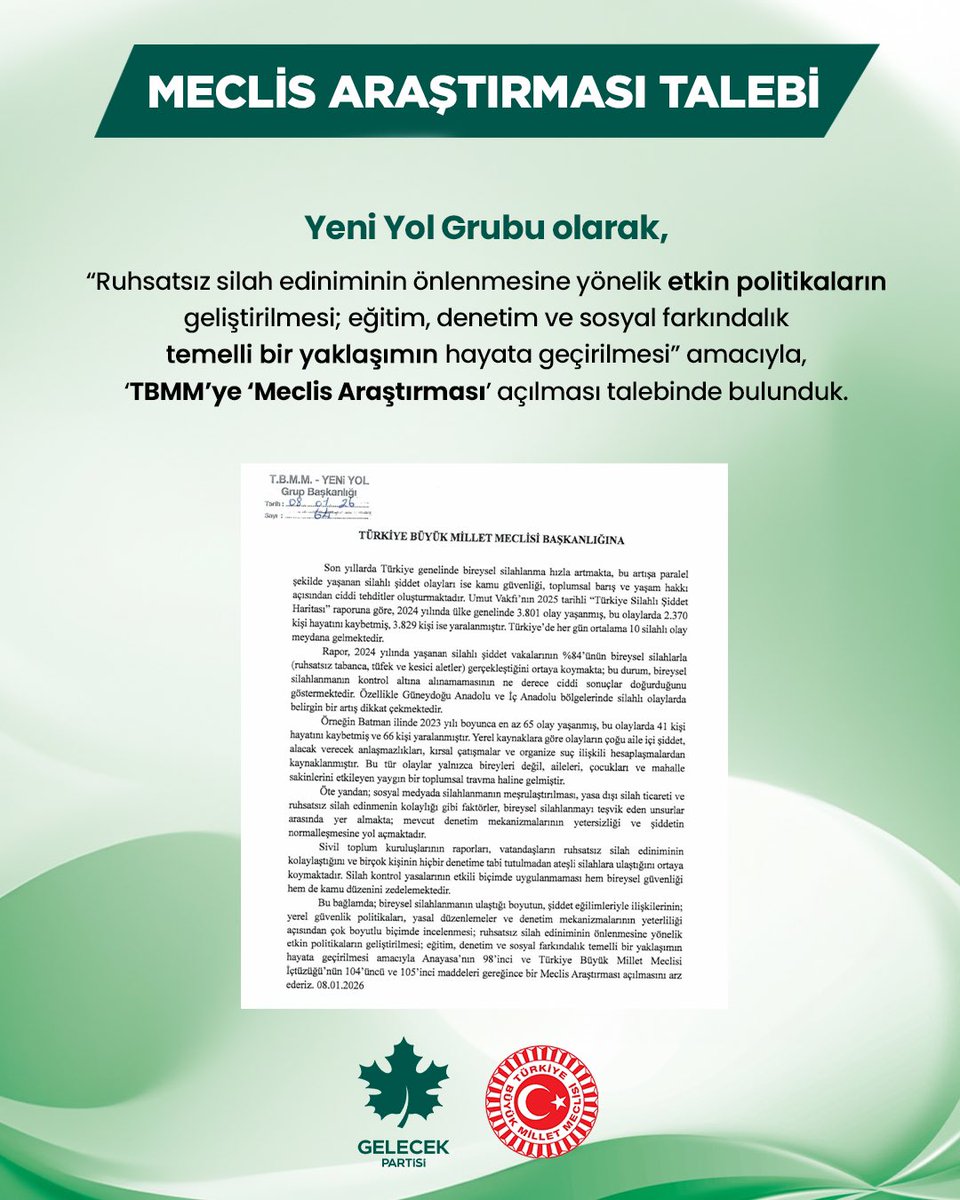 Yeni Yol Grubu olarak,

“Ruhsatsız silahlara erişimin önlenmesine yönelik etkin politikaların geliştirilmesi” amacıyla TBMM’ye Meclis Araştırması açılması talebinde bulunduk.