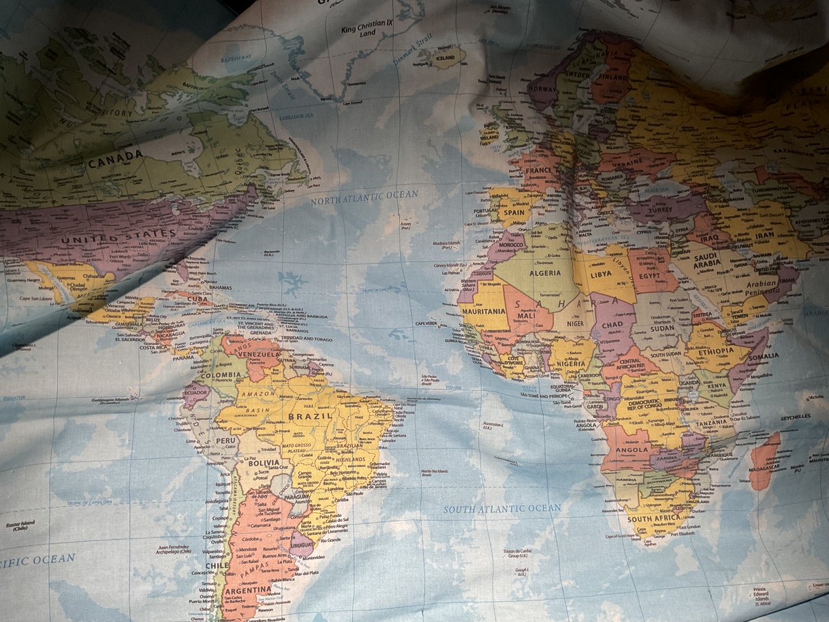 Learning where #Greenland  is while slow stitching.  This map fleece is an unfinished Christmas gift from last year, so this cold snap has been perfect for “getting it done”