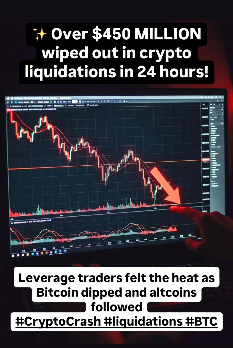 💥 Over $450 MILLION wiped out in crypto liquidations in 24 hours! Leverage  traders felt the heat as Bitcoin dipped and altcoins followed. #CryptoCrash  #Liquidations #BTC
