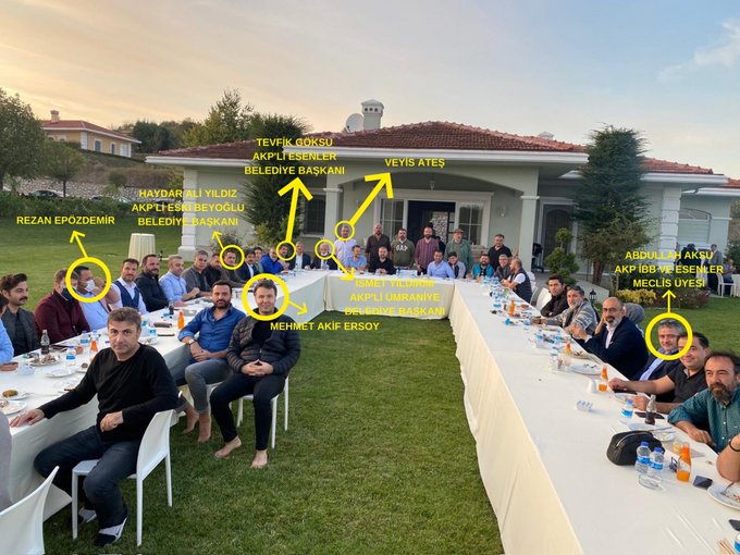 Mehmet Akif Ersoy'un kendisini uyuşturucuya alıştırdığını iddia ettiği tutuklu Veyis Ateş'in lüks evdeki doğum günü partisine ait görüntüler ortaya çıktı.

Katılımcılardan bazıları:

• Mehmet Akif Ersoy
• Rezan Epözdemir
• AKP'li Esenler Belediye Başkanı Tevfik Göksu
• AKP'li