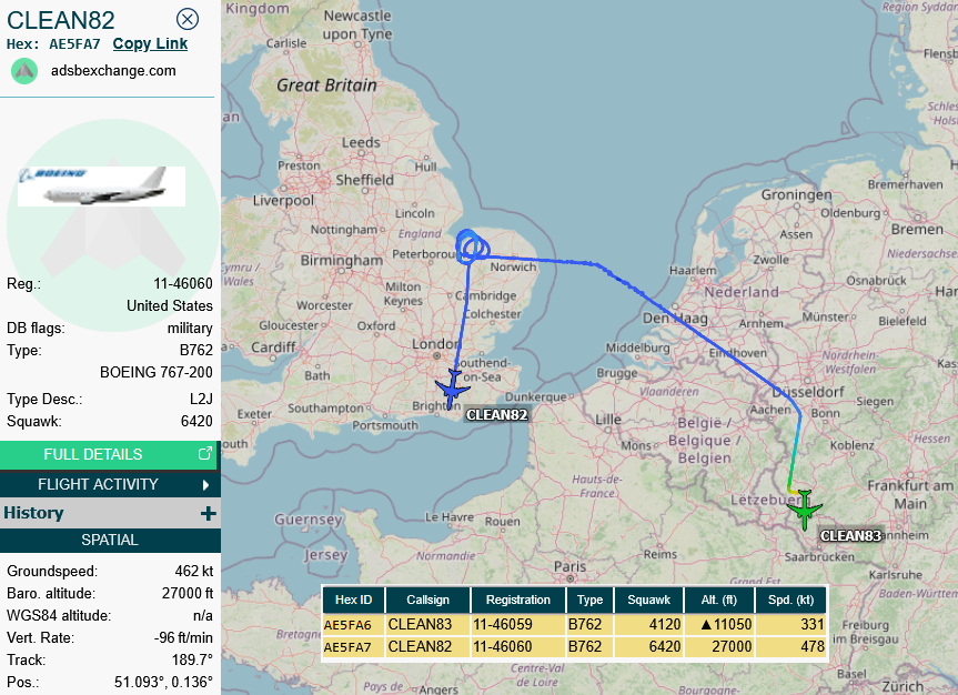 SirListenalot's tweet photo. #KC46 #AE5FA7 #CLEAN82 (round trip Spangdahlem) picked up six "SJ" #F15's #TABOR31 from Lakenheath (likely bound for Muwaffaq Salti, Jordan). KC46 #AE5FA6 #CLEAN83 (Spangdahlem - Rota) will join in later https://t.co/nywETMDftQ