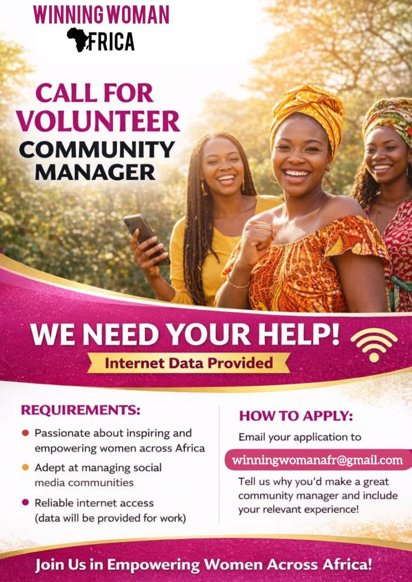 WinningWomanAfr's tweet photo. Join Winning Woman Africa as a Volunteer Community Manager and help amplify women’s voices across Africa. 

📶 Internet data provided.
📩 Apply today and be part of the movement! See application details on the flyer,please. 💕 https://t.co/F4RsTcvU7Y