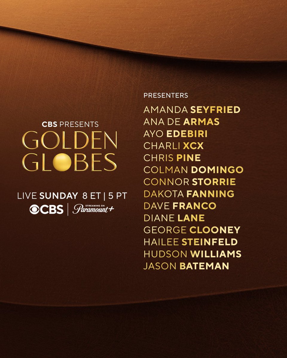 goldenglobes's tweet photo. The lineup of presenters for the 83rd Annual #GoldenGlobes is officially here! 

Trust us, you won’t want to miss a moment → LIVE Sunday at 8 ET | 5 PT on @CBS and @paramountplus! https://t.co/voYsMn45HW