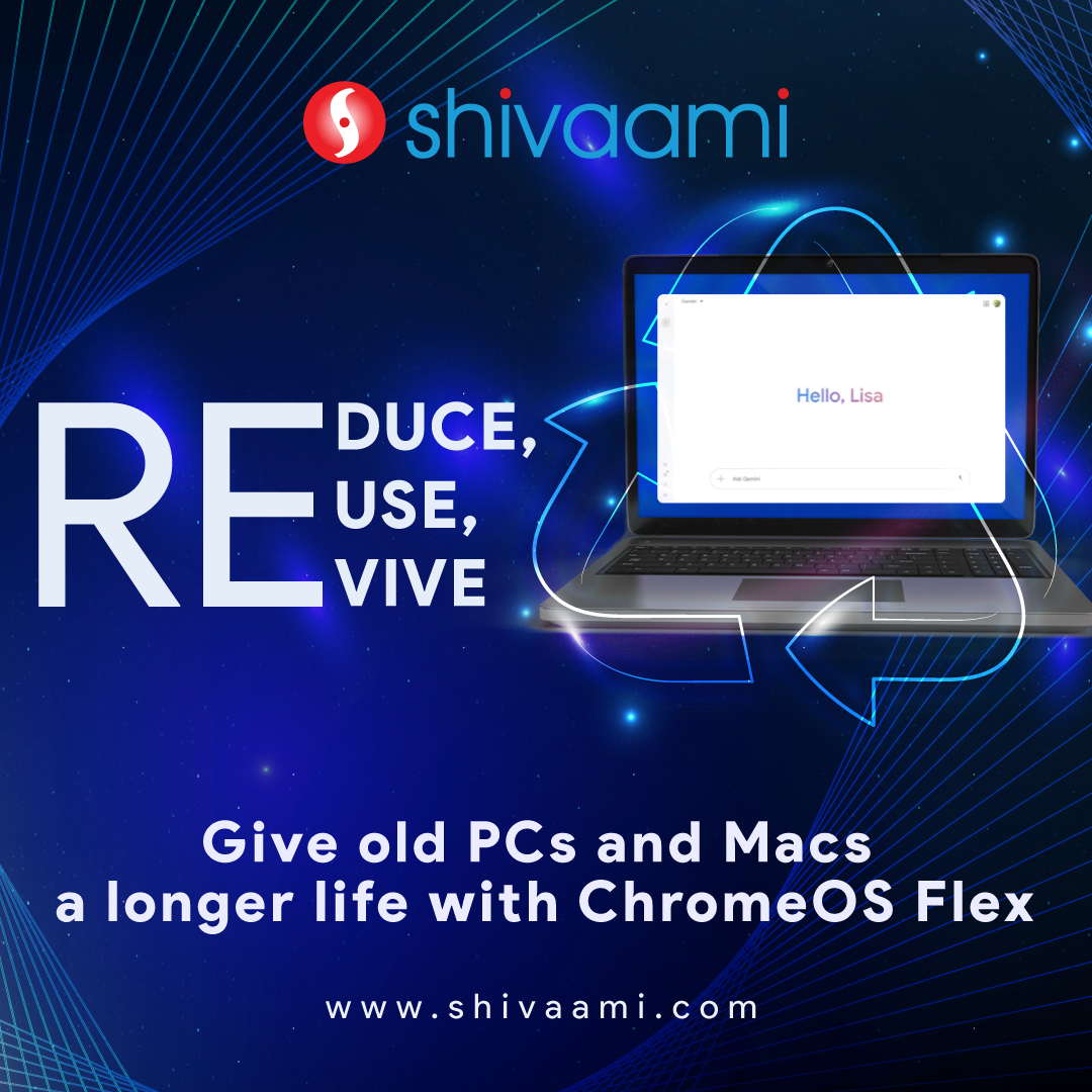 ChromeOS Flex breathes new life into older devices, keeping them out of the trash and in your team's hands. 

Explore the solution and speak to our #ChromeOSFlex experts:
shivaami.com/chromeos-flex/ 
To get started, contact us at Marketing@shivaami.com or +91 7045453237.