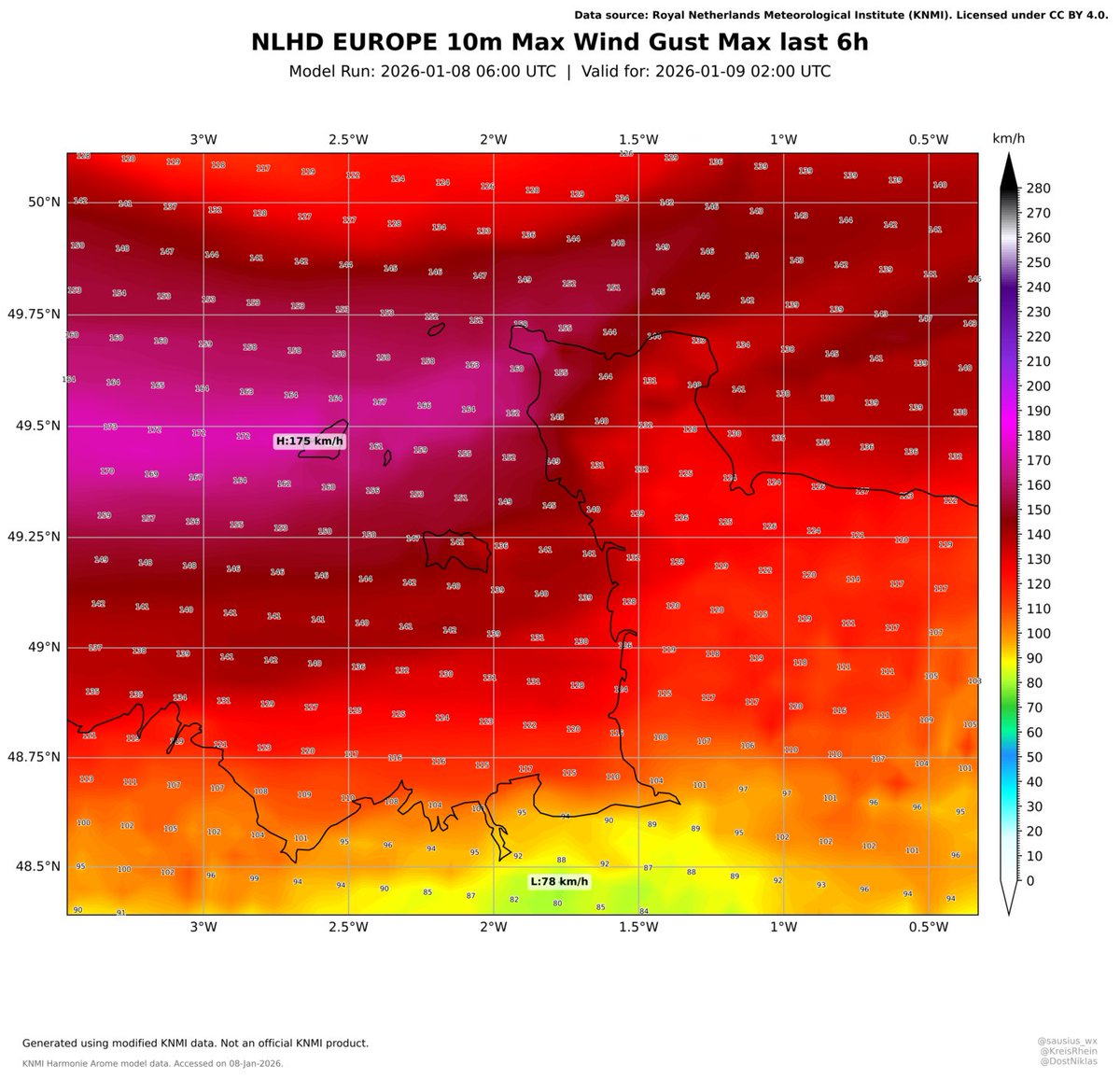 Sausius_wx's tweet image. The situation doesn't look good for the Channel Islands. I am particularly worried for Guernsey, where widespread 160+ km/h (100+ mph) gusts unfortunately seem likely this evening from Storm Goretti. For Jersey 140-160 km/h seem likely and 100+ possible. Very dangerous situation!