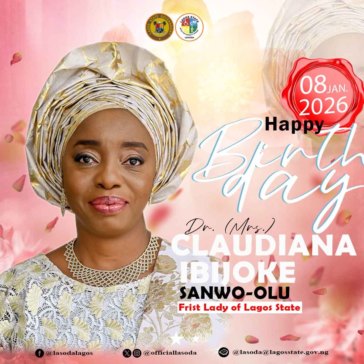 officiallasoda's tweet photo. Warm birthday wishes to our First Lady, Dr. (Mrs.) Claudiana Ibijoke Sanwo-Olu.
We honour your exemplary leadership, dedication to social development and invaluable contributions to the growth of Lagos State.
#HappyBirthdayFirstLady
#LASODA
@denikeoyetunde @followlasg https://t.co/DTmq6XY4ja