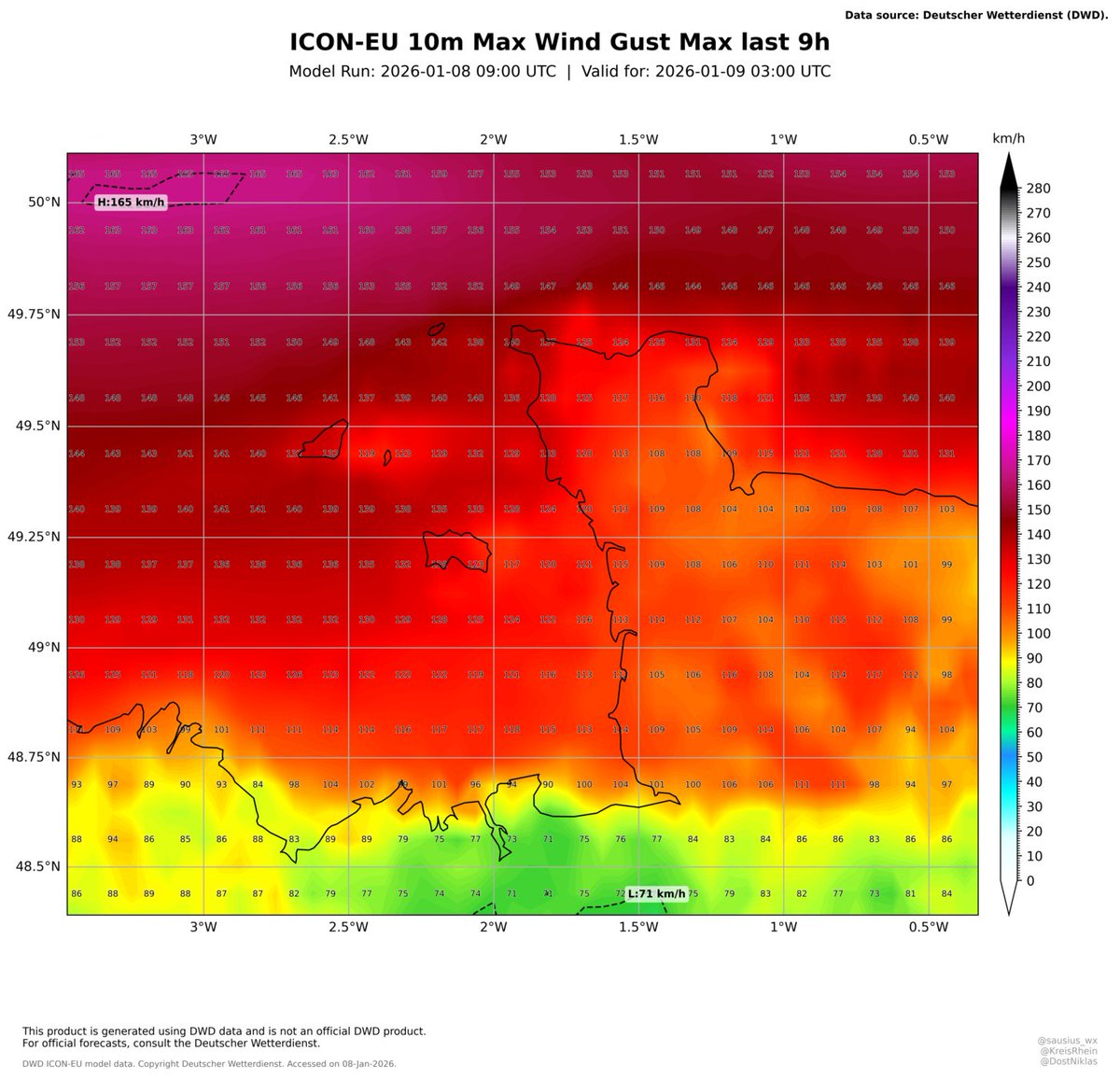 Sausius_wx's tweet image. The situation doesn't look good for the Channel Islands. I am particularly worried for Guernsey, where widespread 160+ km/h (100+ mph) gusts unfortunately seem likely this evening from Storm Goretti. For Jersey 140-160 km/h seem likely and 100+ possible. Very dangerous situation!