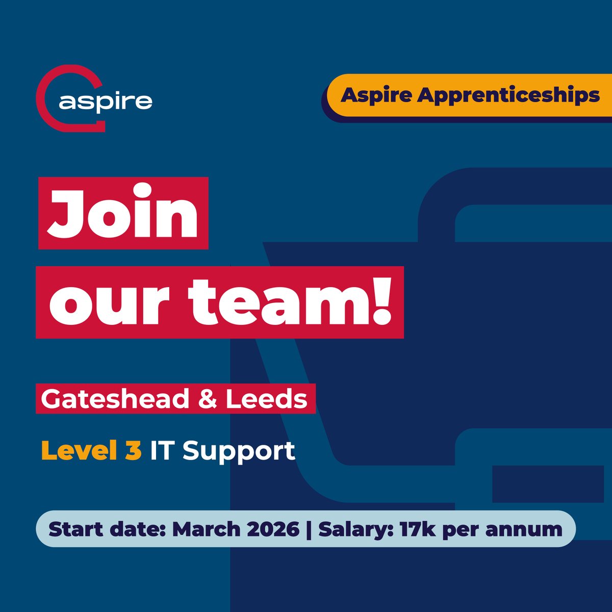 aspirets's tweet photo. Kickstart Your IT Career with Aspire!

We’re offering two exciting Apprenticeship opportunities, giving you the chance to earn while you learn and gain a professional qualification in IT support:

• Level 3 IT Support - Gateshead
• Level 3 IT Support - Leeds

Details:
📅 Start date: March 2026
💷 Salary: £17,000 per annum

Aspire is committed to nurturing the next generation of tech talent and is looking for passionate individuals to join our next cohort of IT apprentices. If you or someone you know is ready to start a rewarding career in IT, find out more and apply today!

Gateshead role - https://t.co/OyhY84LKcy
Leeds role - https://t.co/RI5c9tBLUs

#AspireForMore #Apprenticeships #ITApprenticeships