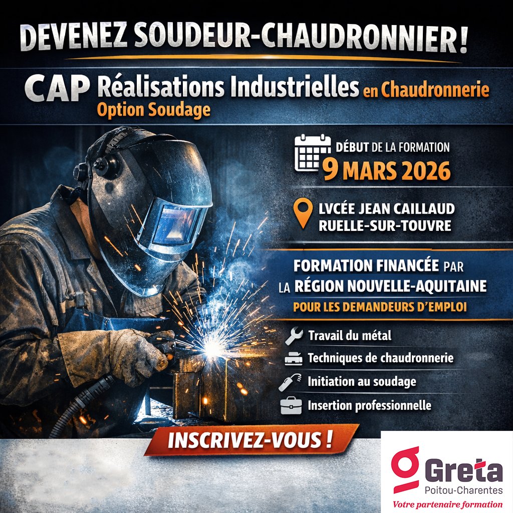 🔧 𝐃𝐞𝐯𝐞𝐧𝐞𝐳 𝐜𝐡𝐚𝐮𝐝𝐫𝐨𝐧𝐧𝐢𝐞𝐫-𝐬𝐨𝐮𝐝𝐞𝐮𝐫 !
🎓𝐂𝐀𝐏 𝐑é𝐚𝐥𝐢𝐬𝐚𝐭𝐢𝐨𝐧𝐬 𝐢𝐧𝐝𝐮𝐬𝐭𝐫𝐢𝐞𝐥𝐥𝐞𝐬 𝐞𝐧 𝐜𝐡𝐚𝐮𝐝𝐫𝐨𝐧𝐧𝐞𝐫𝐢𝐞 –𝐨𝐩𝐭𝐢𝐨𝐧 𝐬𝐨𝐮𝐝𝐚𝐠𝐞
📍Ruelle-sur-Touvre
📅 Dès le 𝟗 𝐦𝐚𝐫𝐬 𝟐𝟎𝟐𝟔
💰 Financée par la <a href="/RANouvAquitaine/">Région académique Nouvelle-Aquitaine</a>