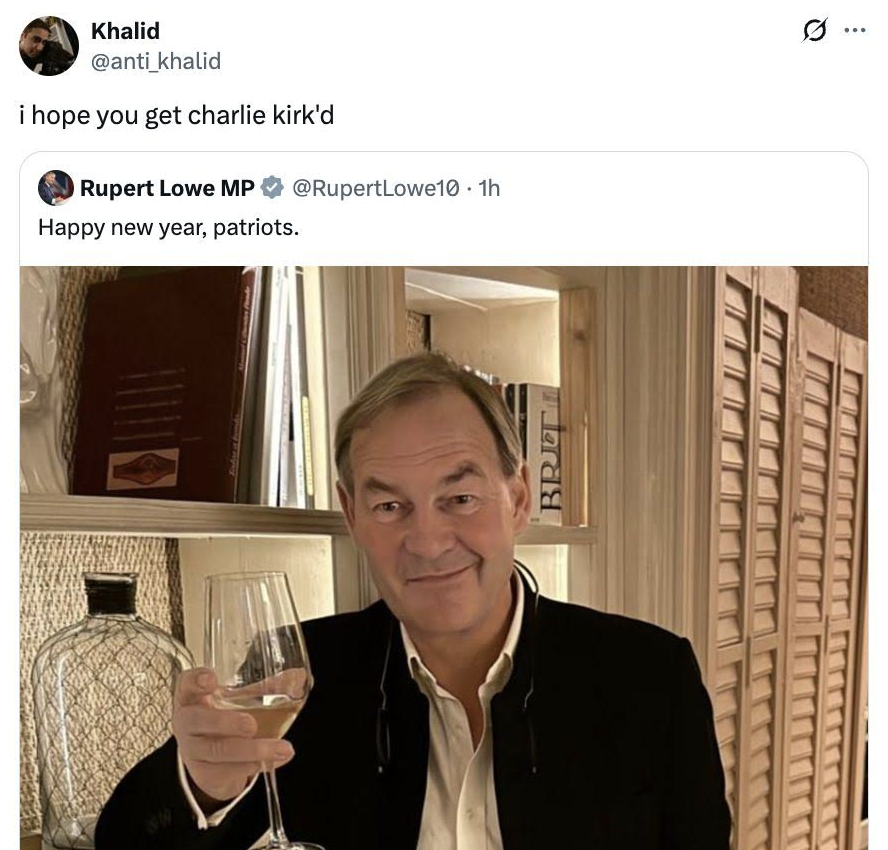 I've been informed that the police will take no action on this death threat, again.

Lucy Connolly spends months in prison, yet vile specimens like Khalid who threaten those of us on the right get absolutely no punishment.

Two-tier Britain.