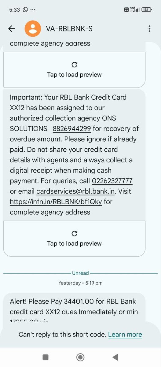 <a href="/rblbank/">RBL Bank</a> <a href="/RBLBankCares/">RBL Bank Cares</a> One of the worst recovery agencies engaged by RBL Bank – ONS Solution is harassing customers.

Card Ending: #8012 FYI <a href="/RBI/">ReserveBankOfIndia</a> #kkvsh 

#ONSSharamkaro 

The agent begins the call by saying “Good evening sir, payment ka kya hua” without disclosing the bank’s