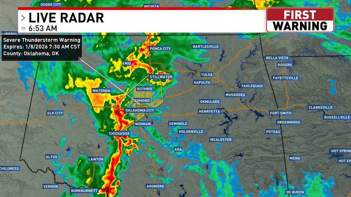 A severe thunderstorm warning has been issued for the OKC metro until 7:30AM. 60 mph wind gusts, penny size hail, and heavy rainfall is associated with this severe thunderstorm until 7:30AM.
Severe Thunderstorm Warning Issued For OKC Metro!!!