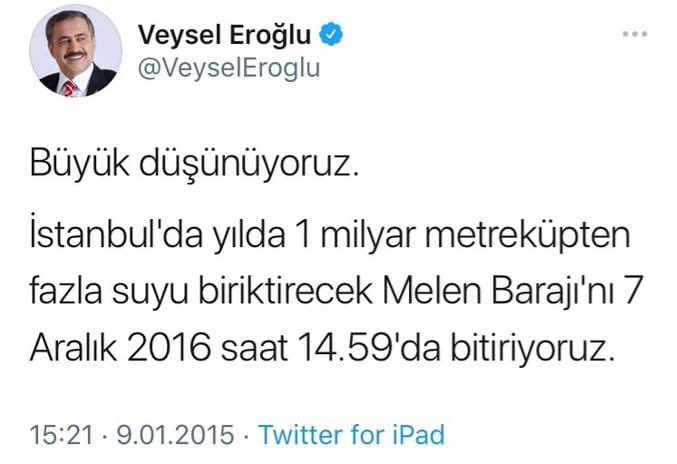 Bakanlığı döneminde de inşa ettirdiği ve 7 Aralık 2016 günü saat 14.59’da bitiyor dediği Melen Barajı’nın gövdesi karpuz gibi yarıldı 

Baraj hâlâ kullanılamıyor ve Veysel Eroğlu imza attığı bu kamu zararı için bırakın yargılanmayı ifade dahi vermedi.