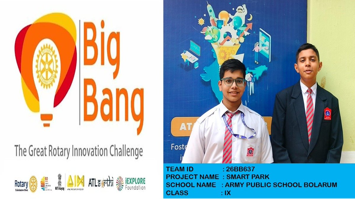 dprohyd's tweet photo. Pratham Yadav and Yash Vardhan (Class IX) from Army Public School Bolarum, Secunderabad, with their #SmartPark project, have been shortlisted among the 162 teams selected nationwide for the #BigBang2026 Grand Finale of the 'Great Rotary Innovation Challenge', to be held in Coimbatore on January 24 and 25, 2026.

#HQ_TASA extended the heartiest congratulations & best wishes to the esteemed institution for the commendable achievement.

@apsbolarum 
#StudentAchievement 
#TelanganaAndAndhraSubArea