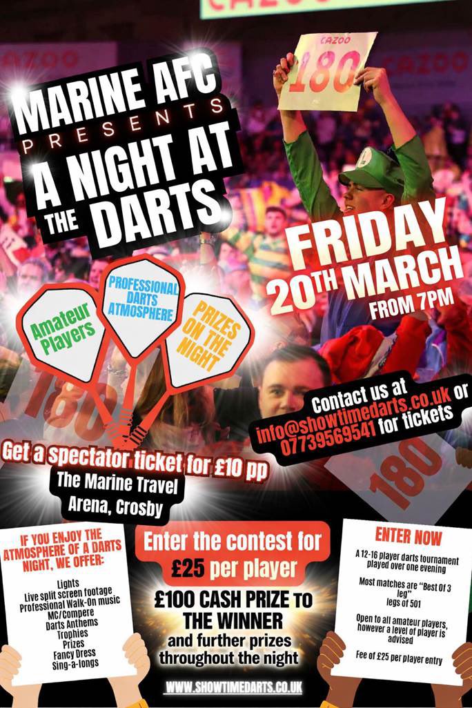 MarineAFC's tweet image. 🎯 Following the electric atmosphere of December, the darts is back at Marine!

By huge public demand, it's returning to the Carlsberg Suite on Friday 20th March 2026 from 7pm in spectacular style.

Once again, we're inviting 16 amateur players to bring friends, family and…