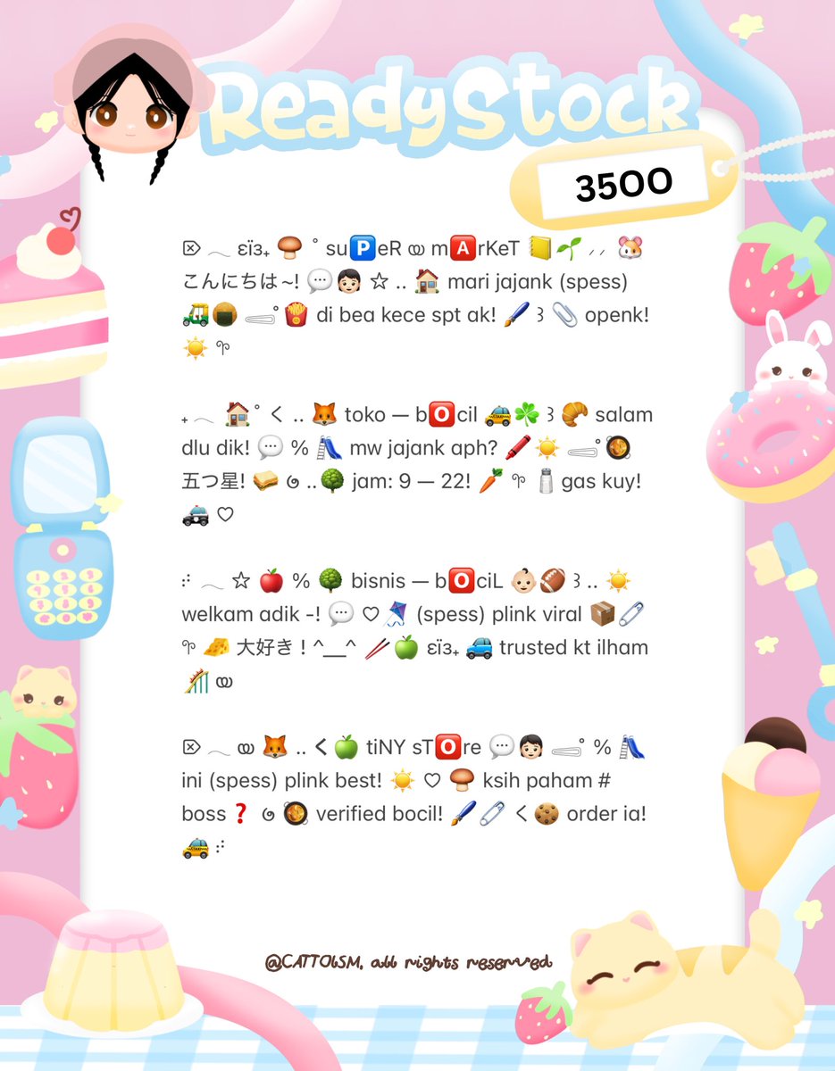 CATTOlSM's tweet image. ⣠ ︵  ♥︎  help repost?  tysm &amp;lt;3 ⭐️🎀  𓂅

◠  ⢸⠀ ada  wording  8  bio wording   kidcore  bocil  ready  stock. . 🎶🍏  𓂃 . εїз   hanya  3.5k .ᐟ.ᐟ  &amp;gt;___%   💬👧🏻   ▷  ketuk  DM  sekarang. . ✋🏻 ₊˚𓂂

☆ —— tap alt for details! . . 🐈💧
zonauang  %  zonajajan  %  zonaba