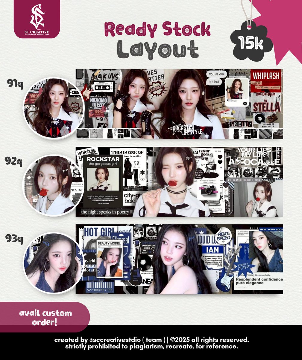 SCCREATIVEarts's tweet image. Help retweet? thank u 💗
Hai, kali ini aku membawa layout ready stock dari Stella, Jiwoo, Ian, Giselle &amp;amp; Ningning ✨

Classy girl or cool girl? get yours now at @sccreativestdio 

#zonauang #zonaba