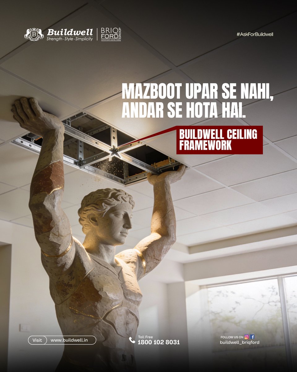 buildwell_india's tweet image. Mazbooti sirf dikhni nahi chahiye, feel honi chahiye.
Ceiling tab strong hoti hai jab framework strong ho.
Buildwell Ceiling Framework — strength jo andar se kaam kare.
#AskForBuildwell #Buildwell #StrongCeiling