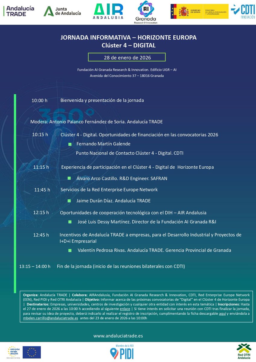 🎟 Jornada informativa Horizonte Europa · Clúster 4 DIGITAL. IA, robótica, computación y Big Data organizada por <a href="/andaluciatrade/">Andalucia Trade</a> 

📅 28/01/2026 de 10h a 14h
📍 Edificio UGR AI, Granada.

👉 Inscripciones en: forms.cloud.microsoft/pages/response…