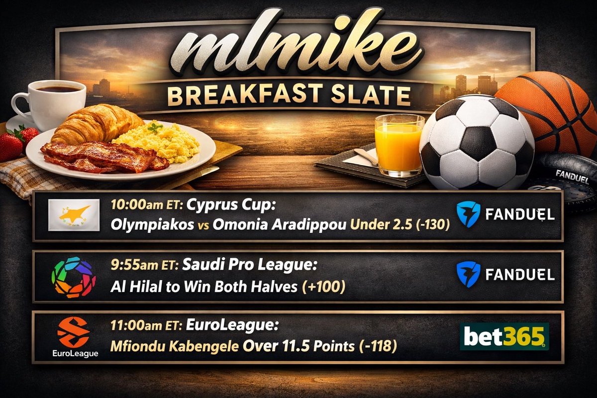 mlmike_'s tweet photo. 🥞𝗕𝗿𝗲𝗮𝗸𝗳𝗮𝘀𝘁 𝗦𝗹𝗮𝘁𝗲 🥞

🍳Let's get degenerate nice and early today! 

Let's see if we can get some free breakfast courtesy of some soccer &amp; Euroleague basketball 💥

Tail or fade, best of luck! 🔥

#GamblingX #FreePicks #EuroLeague #alhilal https://t.co/ZMbr583DZt