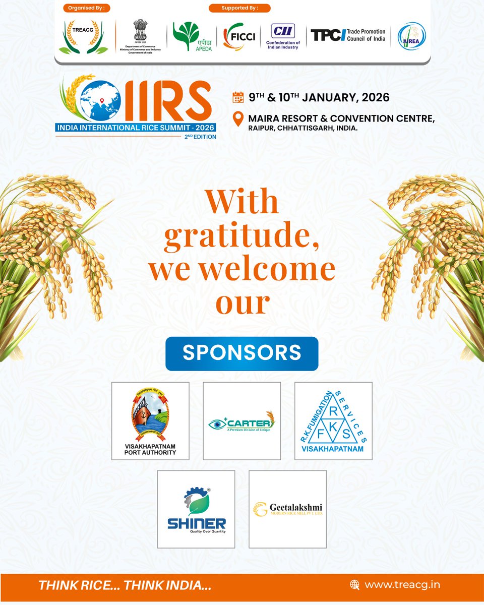 Int_Rice_Summit's tweet photo. IIRS 2026 Partners in Progress 
Proudly supported by leaders in banking, logistics, technology &amp; quality driving India’s rice industry onto the global stage. 

@TREACG_  @DoC_GoI  @cimgoi @APEDADOC @ficci_india @FollowCII @TPCI_  @AIREA_delhi @vptIndia @igkv_kisan @concor_india https://t.co/BduKP5vH1u