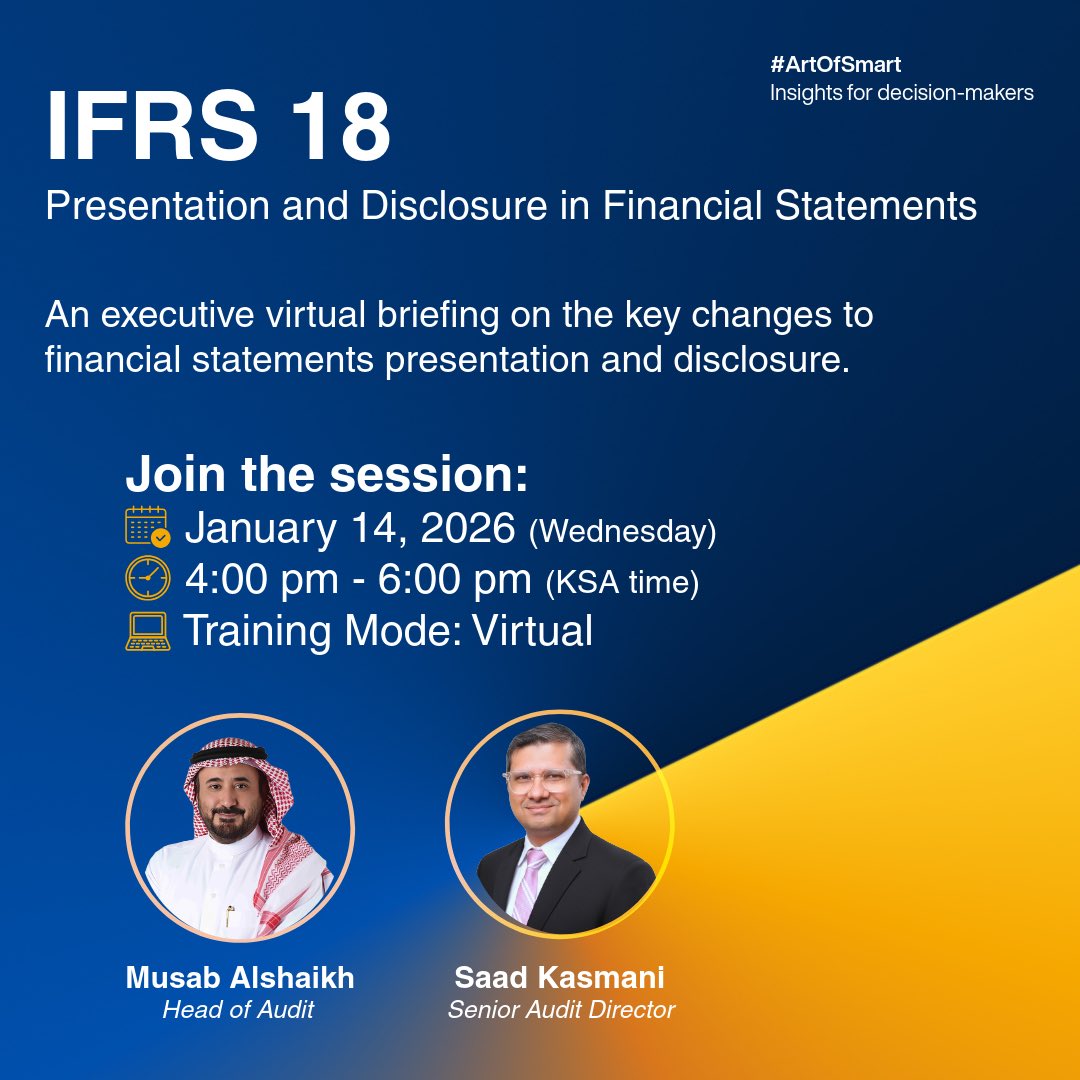 يُقدّم IFRS 18 أسلوبًا أوضح لعرض الأداء المالي والإفصاح عنه، لتعزيز شفافية التقارير المالية.
انضموا لجلسة Crowe KSA الافتراضية لمعرفة أبرز متطلبات المعيار وتأثيرها.

سجّل هنا: forms.gle/x7KWF5LGnLVoFR…

#IFRS18 #التقارير_المالية #CroweKSA