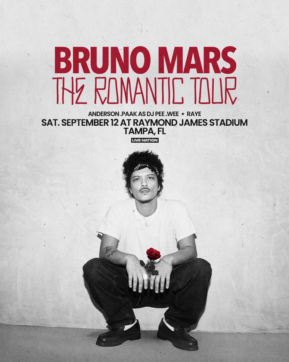 RJStadium's tweet photo. Bruno Mars is bringing The Romantic Tour to Raymond James Stadium on Saturday September 12, 2026!
Don’t wait and sign up for artist presale access NOW at https://t.co/RIJJsMmiyB

General onsale begins Thursday, January 15 at 12PM. https://t.co/NnlW6qZ4fr
