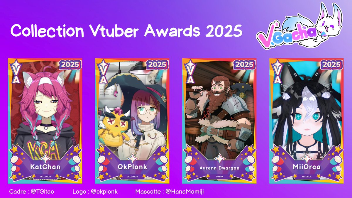 Update !

- Ajout d'ombre portée sur le nom des cartes

- Ajout de la collection Vtuber Awards 2025 ( Seul les gagnants des VTA 2025 peuvent être obtenus avec le cadre )

Merci beaucoup à <a href="/TGitao/">Gitao</a> pour le cadre !

#vtuberfr #vgacha