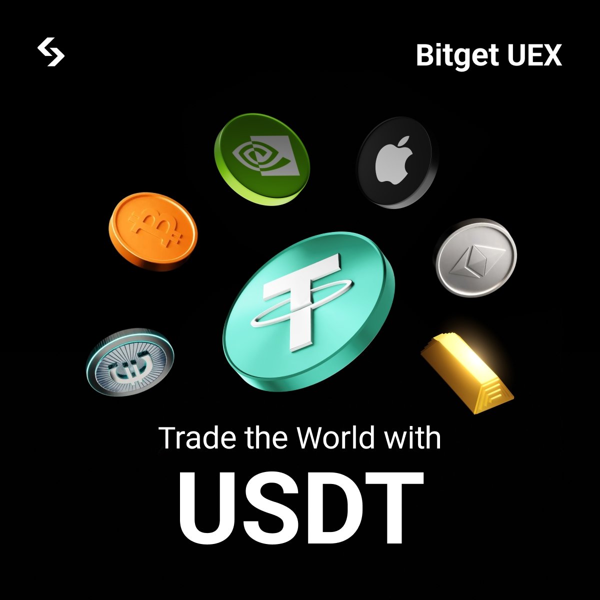 bitget's tweet image. At Bitget Universal Exchange (UEX), you can now trade Stocks, Gold, ETFs, Forex and more with @tether USDT.