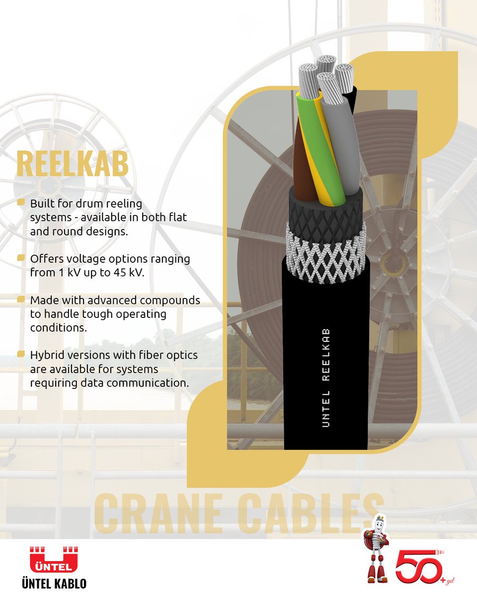 Reelkab cables, used in all drum applications, are manufactured using special raw materials and methods, ensuring durability under harsh working conditions.

#reelkab #cables #crane #vinç #cranecables