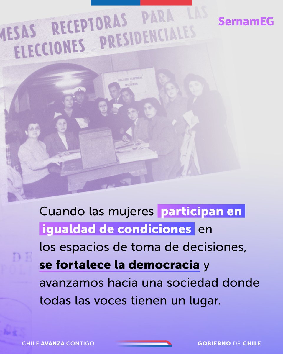SernamEGBioBio's tweet photo. 🗳️Un día como hoy, pero en 1949, se promulgó la ley que permitió que las mujeres pudieran votar en elecciones presidenciales y parlamentarias. Cuando las mujeres participan en igual de condiciones  se fortalece la democracia y avanzamos hacia una sociedad más justa e igualitaria. https://t.co/55LlR7iApd