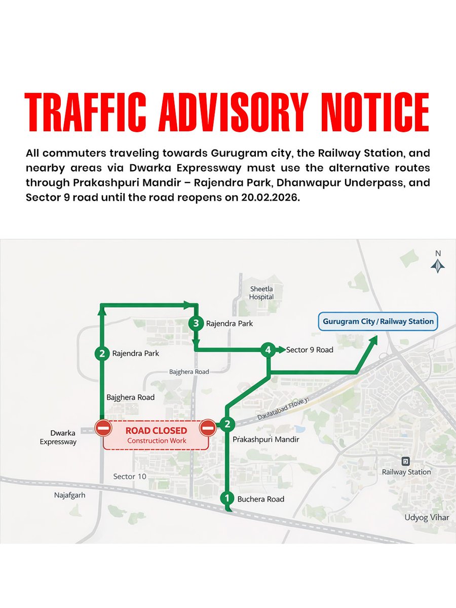 TrafficGGM's tweet image. Temporary road closure due to construction work.
Please follow alternate routes and plan your travel in advance.
#TrafficAdvisory #GurugramTrafficPolice #RouteUpdate #DriveSafe