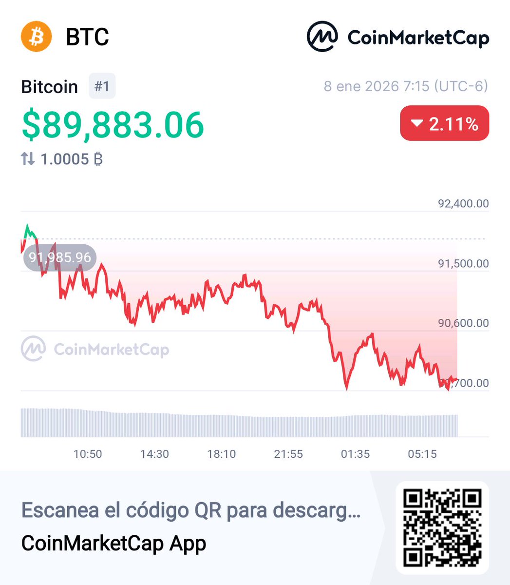 Buenos días, el precio de #Bitcoin está bajando de 90k! Operen con  precaución ☝️🧐 👀 #BTC $89,883.06 -2.11% @CoinMarketCap  🚀https://t.co/kCxblxLwvu