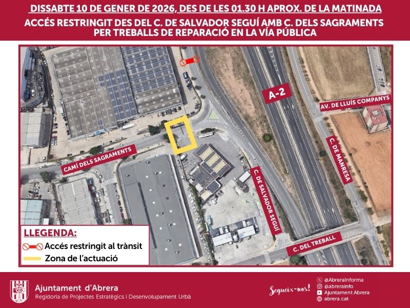 🚧 Divendres 9 de gener, a partir de les 22.30 h, es faran treballs de reparació del paviment a l’Av. Generalitat d’Abrera.

👉🏻 Seguidament, al carrer del Camí de Sagraments es faran un treballs de pavimentació d’una reixa, a partir de les 01.30 ⏰