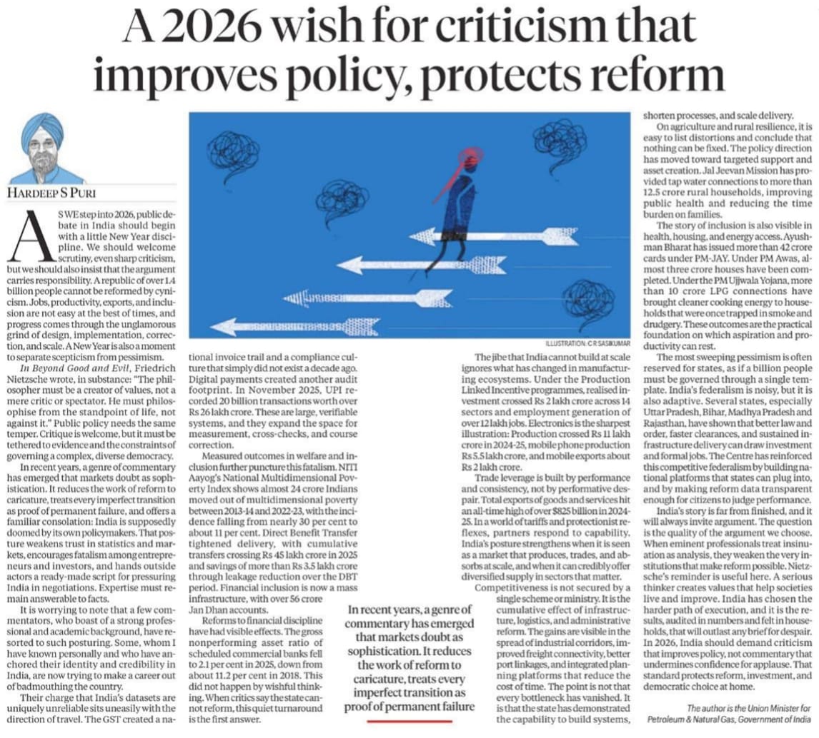 To the cynics: India’s success is not an accident; it’s policy in action. <a href="/HardeepSPuri/">Hardeep Singh Puri</a> ji’s latest article is a mirror to those who refuse to see the changing reality of Bharat. Must read.