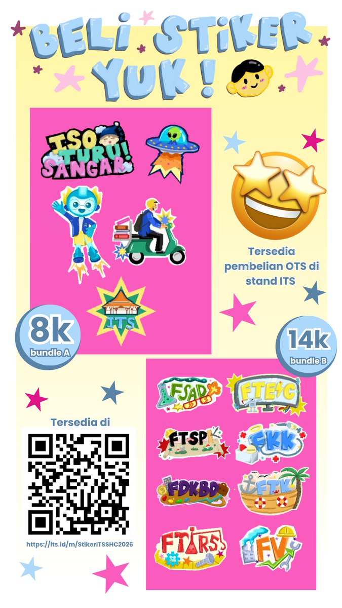 ✨ BELI STIKER YUK! ✨

Stiker lucu + khas ITS siap bikin laptop, tumbler, dan notes kamu makin lucu 😍

💸 Harga mulai 2K/pcs
📦 Ada bundle hemat 8K dan 14K
📍 Bisa beli OTS di stand ITS
📲 Order online:
its.id/m/StikerITSSHC…

Yuk koleksi sebelum kehabisan🤤⭐