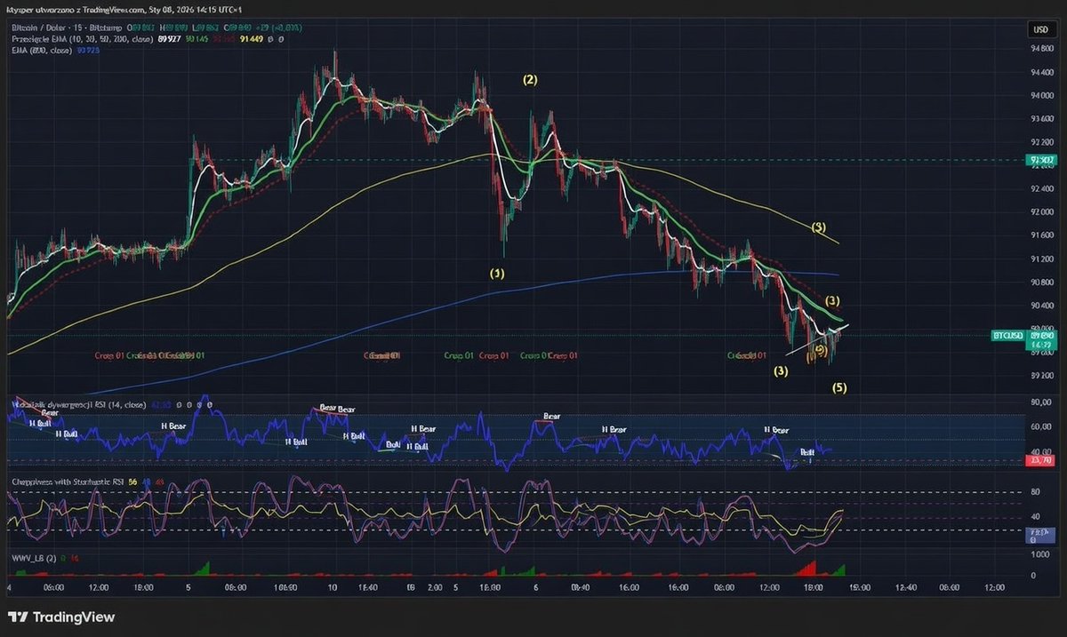 KonradTysper's tweet photo. I am waiting for wave 5 to finish, which would cause a divergence on the RSI. This is likely to occur after the stochRSI falls to the bottom (on the 15-minute chart). https://t.co/VjmKPCWa92